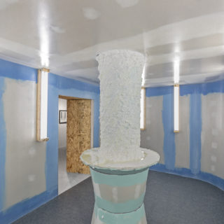 Nicholas Fleming, Moving right along (installation view), 2015, installation with pine 2x4s, wood screws, drywall screws, carpet, tarp, drywall, Durabond, joint compound, pigment, varnish, polyurethane, acrylic latex caulk, acrylic paint, acrylic medium, neon lighting, extension cords, plywood, elastic, Styrofoam, drywall tape, drywall corner beads, drywall L-trimsapprox 96 x 218 x 128 inches, in Moving right along curated by Oana Tanase and Shani K Parsone, Critical Distance Centre for Curators, 2015. Installation Documentation by Toni Hafkenscheid.