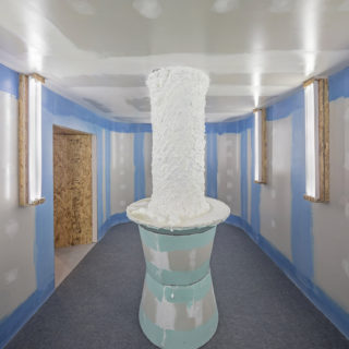 Nicholas Fleming, Moving right along (installation view), 2015, installation with pine 2x4s, wood screws, drywall screws, carpet, tarp, drywall, Durabond, joint compound, pigment, varnish, polyurethane, acrylic latex caulk, acrylic paint, acrylic medium, neon lighting, extension cords, plywood, elastic, Styrofoam, drywall tape, drywall corner beads, drywall L-trimsapprox 96 x 218 x 128 inches, in Moving right along curated by Oana Tanase and Shani K Parsone, Critical Distance Centre for Curators, 2015. Installation Documentation by Toni Hafkenscheid.
