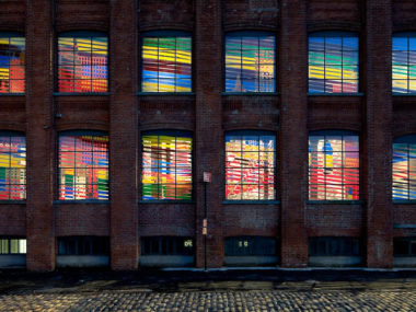 The Final Contraction (installation views), 2012. Self-adhesive vinyl on window. 23 x 135 feet. Site-specific installation at Smack Mellon, New York.