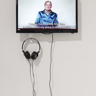 Maj Hasager, December-a round table conversation, 2012, colour video, 65 min, installation view, from Crossing the Line: Contemporary Art from Denmark, Critical Distance Centre for Curators, 2016. Installation documentation by Toni Hafkenscheid.