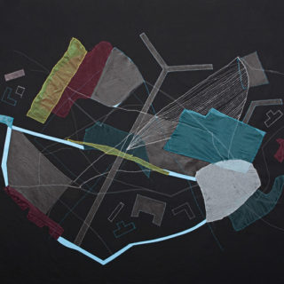 Governors Island Revisited, 2012. Thread, paint, and fabric on raw black canvas, 74 x 66 inches.
