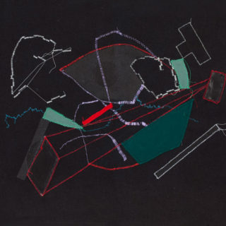 Sketch 7, 2011. Thread, paint, and fabric on raw black canvas, 23 x 17 inches.