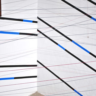 Valparaíso (installation views), 2012. Thread, nails, and tape, 20 x 11 feet. Site-specific installation.