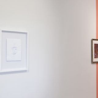 Maxwell Hyett, Objectivity, 2015, work on paper, 20 x 16 inches (framed); Petar Boskovic, Lady in the Red Dress, 2016, digital inkjet print 20 x 16 inches (framed) from Signals and Sentiments, Critical Distance Centre for Curators, 2017. Installation documentation by Josée Pedneault.