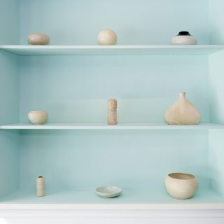 Assorted Ceramics, 2012-2014. Stoneware and porcelain on painted shelf.