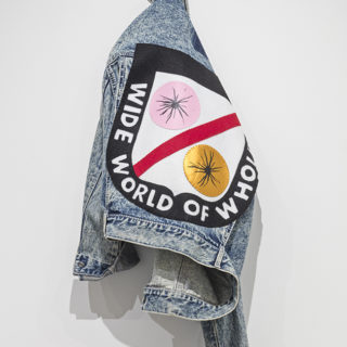 "Muscle Panic WWW jean jacket (after Sheree Rose)", textiles, size L, 2016, photo documentation by Toni Hafkenscheid, installed at Zalucky Contemporary, Toronto, ON, 2017.