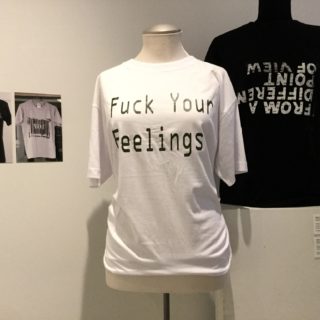 Singing Thunder, Fuck Your Feelings, screen printed t-shirt, 2016; Bethany Papadopoulos, From a Different Point of View, screen printed t-shirt, 2016, in Moving Home, curated by Amelia Merhar, Critical Distance Centre for Curators, 2017. Installation documentation by Shani K Parsons.