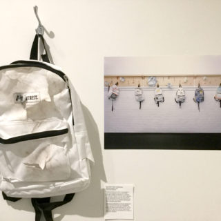 Group Work: Toronto Co-Researchers, Backpack Installation, customized backpacks, 2017, in Moving Home, curated by Amelia Merhar, Critical Distance Centre for Curators, 2017. Installation documentation by Shani K Parsons.