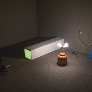 "No No No No No", installation shots from solo show, bb Gallery, Baltimore, MD (What Have We Done Animated GIF, projector, plinth, banana peel), 2016.