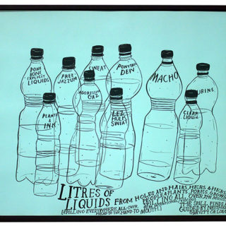 "Litres of Liquids", ink on paper, 27x21" framed, 2014.