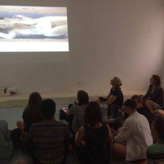Rubina Martini, "Fermentation: Reflection", photo documentation of video art screening and publication launch, performance for video, single-channel, 00:06:34, curated by Lauren Fournier in collaboration with the Laboratory for Aesthetics & Ecology, Broken Dimanche Press/Buro BDP, Neukolln, Berlin, 5 August 2017.