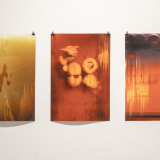 Leila Nadir and Cary Peppermint, Microbial Selfies (Rice Beer), 2015; Microbial Selfies (Raspberry Mead), 2015; Microbial Selfies (Blueberry Mead), 2015, photo-based images generated by fruits, vegetables, and microbes using custom electronics and software, archival prints on Epson Premium Lustre paper, 13 x 19 inches each, from Fermenting Feminism, Critical Distance Centre for Curators, 2017. Installation documentation by Toni Hafkenscheid.