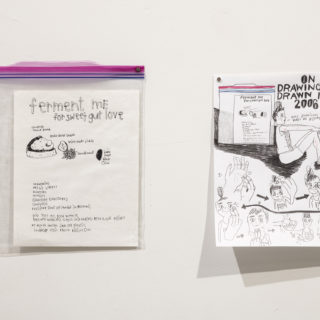 Hazel Meyer, Ferment Me for Sweet Gut Love, 2006, ink on paper in plastic bag, 8 x 10 inches (drawing), 10.625 x 11.75 inches (plastic bag); On Drawings Drawn in 2006, 2017, Pencil and marker on paper, 8.5 x 11 inches, from Fermenting Feminism, Critical Distance Centre for Curators, 2017. Installation documentation by Toni Hafkenscheid.