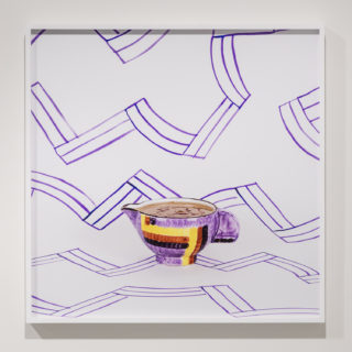 Sarah Nasby, Living Things (Eva Zeisel vessel, kombucha, purple pattern), 2017, 2017 Archival inkjet print on Epson Premium Lustre 24.5 x 24.5 inches (framed), from Fermenting Feminism, Critical Distance Centre for Curators, 2017. Installation documentation by Toni Hafkenscheid.