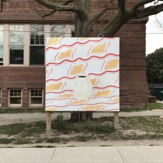 Fall 2017 Billboard on Shaw, "Living Things" (Eva Zeisel vessel, kombucha, lines pattern) by Sarah Nasby, from Fermenting Feminism, curated by Lauren Fournier, Critical Distance Centre for Curators, 2017. Installation documentation by Toni Hafkenscheid.