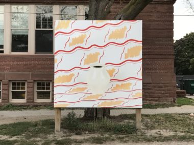 Fall 2017 Billboard on Shaw, "Living Things" (Eva Zeisel vessel, kombucha, lines pattern) by Sarah Nasby, from Fermenting Feminism, curated by Lauren Fournier, Critical Distance Centre for Curators, 2017. Installation documentation by Toni Hafkenscheid.