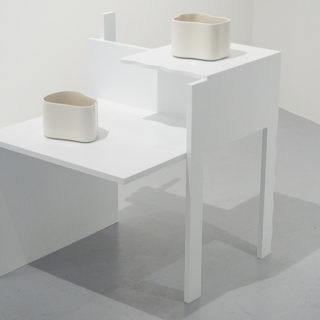 Living Things (modified copy of Eileen Gray table, Aino Aalto vessels, kombucha), MDF, acrylic, ceramic found objects, kombucha, 32” x 24” x 29.75”, 2017.