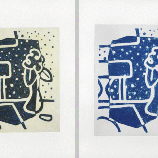 Sarah Comfort, Untitled (Blue Drawings), 2017, photopolymer etching with mixed media on paper; Untitled (Blue Drawings) photopolymer etching, 12"x16" (each).