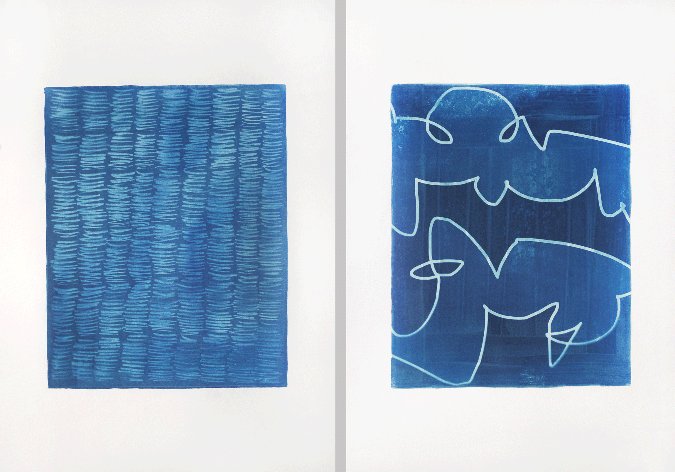 Sarah Comfort, Untitled (Blue Drawings), 2016, cyanotype on paper; Untitled (Blue Drawings), 2016, cyanotype on paper, 12"x16" (each).