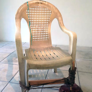 The Flight, 2014-2016, plastic chair, taxidermy Sparrow, mixed media, approx. 35" h x 14" x 32" (89 cm x 35 cm x 82 cm). Documentation by the Artist.