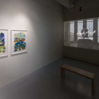 We Look at Animals Because, 2018, curated by Nahed Mansour and Toleen Touq, installation view with work by Alex Sheriff and Maha Maamoun, Critical Distance Centre for Curators. Installation documentation by Toni Hafkenscheid.