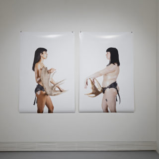 Dayna Danger, Bebeshwendaam Diptych, 2017, pair of digital prints, 44 x 65 inches each, from Forward Facing curated by Cass Gardiner, Critical Distance Centre for Curators, 2018. Installation documentation by Toni Hafkenscheid.