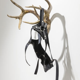Dayna Danger, Deer Rack and Harness, 2018 bone, hair, leather, dimensions variable, from Forward Facing curated by Cass Gardiner, Critical Distance Centre for Curators, 2018. Installation documentation by Toni Hafkenscheid.