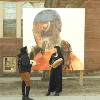 Dayna Danger, performance with Kandace Price and Lacie Burning; Kandace (Billboard), 2018, digital print on adhesive vinyl, 8 x 8 feet, from Forward Facing curated by Cass Gardiner, Critical Distance Centre for Curators, 2018. Installation documentation by Toni Hafkenscheid.