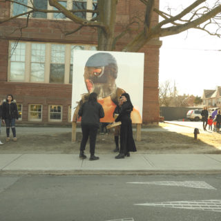 Cass Gardiner, Forward Facing, Critical Distance Centre for Curators, 2018; performance featuring Dayna Danger, Lacie Burning, and Kandace Price, 5 minutes, Artscape Youngplace, Toronto, Ontario, April 21 2018. Performance Documentation by Fallon Simard.