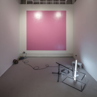 Nadège Grebmeier Forget, After Rendering on View (Betty Rowland meets Angela Aames), May 27, 2017, performance documentation and multi-platform intervention (installation, 8x8 ft); Adam Basanta, Sectioning III, 2016, sound and mixed-media installation, dimensions variable, in ...move or be moved by some 'thing' rather than oneself, curated by Florence-Agathe Dubé-Moreau and Maude Johnson, Critical Distance Centre for Curators, 2018. Installation documentation by Toni Hafkenscheid.