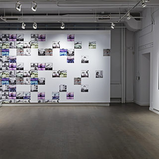 Through lines, curated by Noa Bronstein, Koffler Gallery, in partnership with Critical Distance Centre for Curators, 2018. Installation view with work by Leila Fatemi and Scott Benesiinaabandan. Installation documentation by Toni Hafkenscheid.