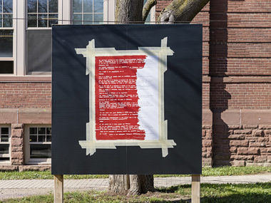 Nadia Myre, Indian Act (Billboard), 2002, digital print on adhesive vinyl, 8 x 8 feet, from Through Lines curated by Noa Bronstein, Critical Distance Centre for Curators, 2018. Installation documentation by Toni Hafkenscheid.