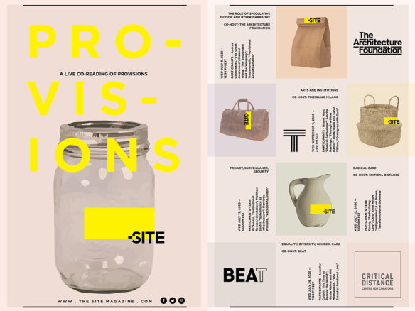 Provisions Live reading poster image, consisting of partner logos, images of objects and dates of reading series
