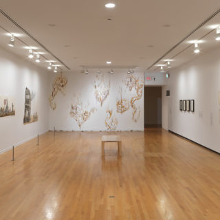 A brightly lit gallery with white walls featuring colourful unframed drawings on paper on the left wall, drawings in yellows, blacks, and reds made directly on to the middle wall, and small framed black-and-white prints in rows on the right wall.