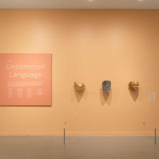 On a dusty coral-coloured wall, there is a wall text with the exhibition title “Uncommon Language” in a white sans serif font followed by smaller text. Three pieces of wood that resemble masks are placed in a line to the right of the exhibition text.