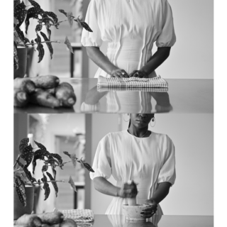 A framed black and white photographic diptych depicting a black woman using a mortar and pestle, captioned “LEAVE TO DRY, CRUSH” in bold black text.