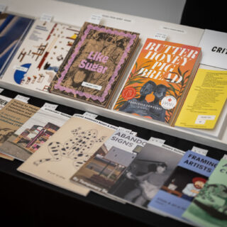 A table displays multiple zines from Half Letter Press and multiple exhibition catalogs from Critical Distance.