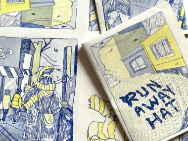 A blue and white, risograph printed, illustrated zine is shown folded and opened, titled RUN AWAY HAT.