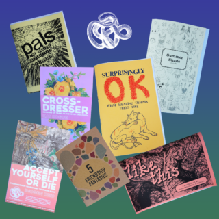 On a green-blue gradient background, multiple zines and publications by Sheer Spite Press are advertised. A white snake logo is in the centre top.