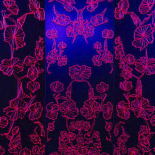 An abstract arrangement of neon pink outlines of flowers illuminated against a dark background, forming a symmetrical design that glows in the centre with a purple light.