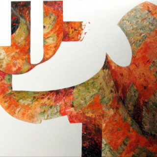 Abstract art with bold white shapes and swirls of red, orange, and green textures.
