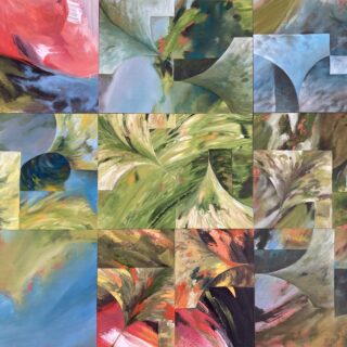 Abstract painting with an assemblage of swirling, curved shapes in greens, blues, reds, and yellows.