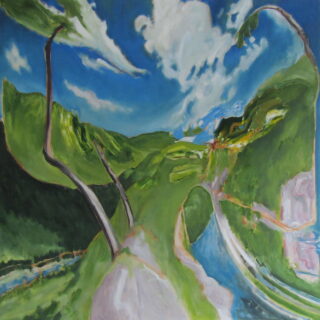 A landscape painting with distorted green hills, curving trees, and a blue sky with white clouds.