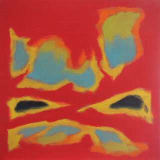 Abstract painting with bold red background. Irregular shapes in blue, orange, yellow, and hints of black create a dynamic composition.
