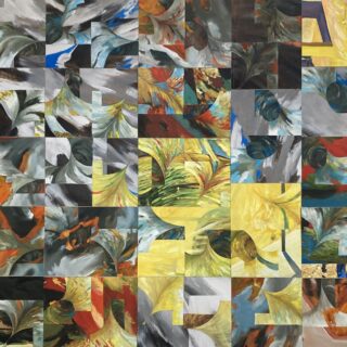 An artwork features a large assemblage of colourful abstract paintings