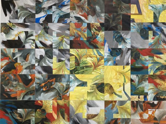 An artwork features a large assemblage of colourful abstract paintings