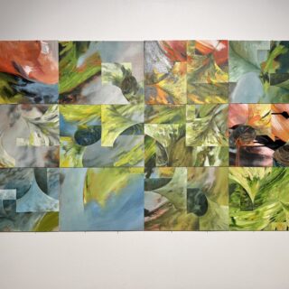 Three rows of abstract paintings arranged in a grid on a white wall.