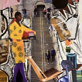 Paper collage of overlapping magazine images, featuring photographs of chairs, faces, and a large staircase with people walking up it in the background.