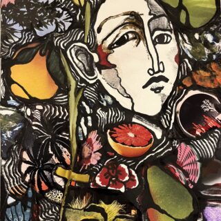 Collage featuring a drawn face, surrounded by hand-drawn elements and scattered magazine cutouts of flowers and fruit.