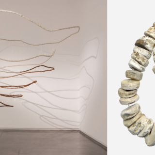 From Wanda Nanibush’s contribution to Not/For the Money; left image: Taloi Havini, Beroana (shell money), stoneware, earthenware, porcelain, glaze, steel wire, dimensions variable, 2015. Image credit: Sharjah Art Foundation; right image: Hawock Shell Money, Pomo and Chumash First Nations, California, North America. Image credit: Money Museum, Zurich, Switzerland.